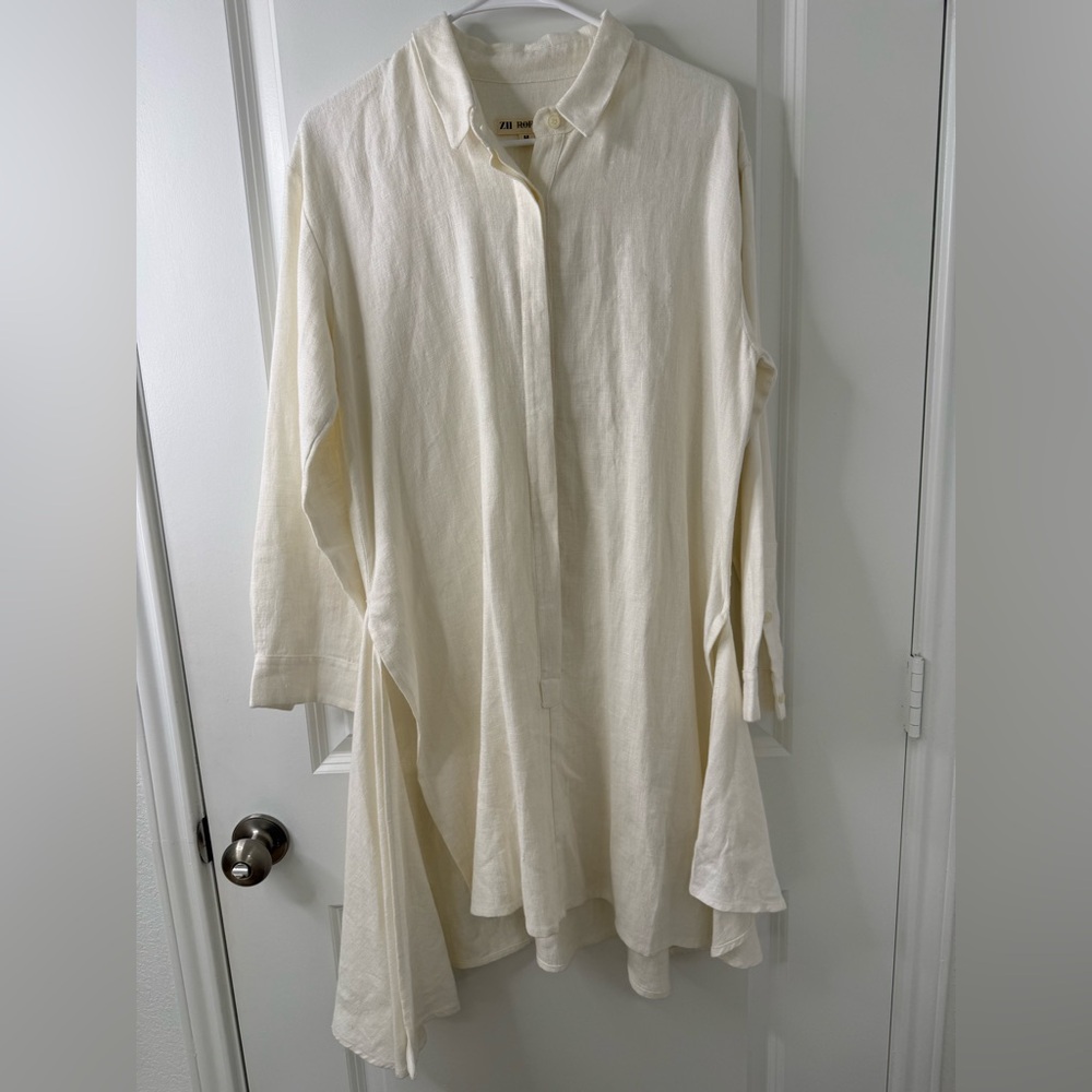 Zii Ropa Linen Collared Button Front Asymmetric Ivory Dress  Sz Medium